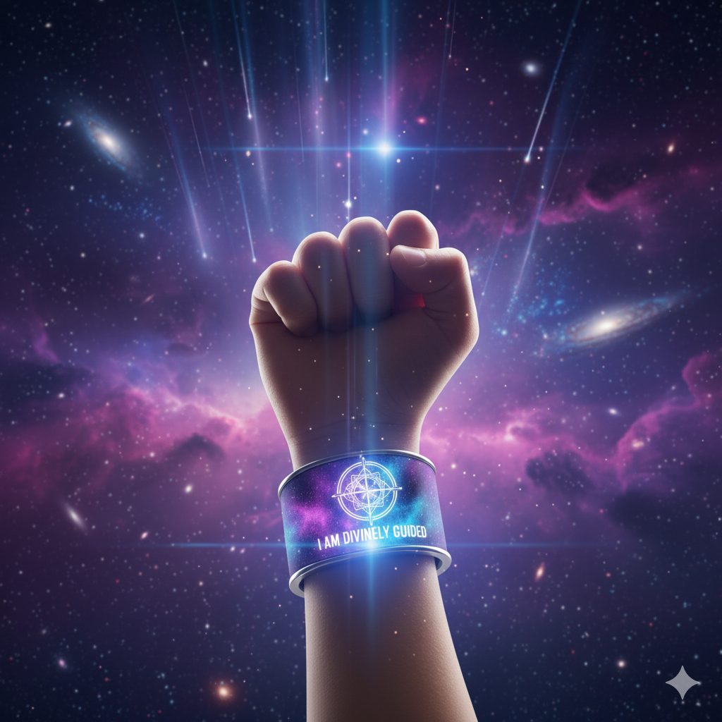 Child's fist with Cosmic Explorer band reaching toward shooting stars