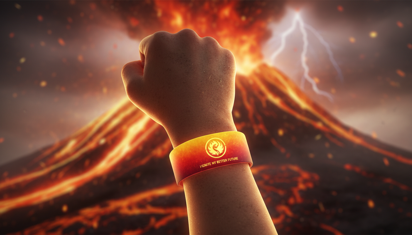 Child's power fist wearing Fire Starter band with volcanic fire