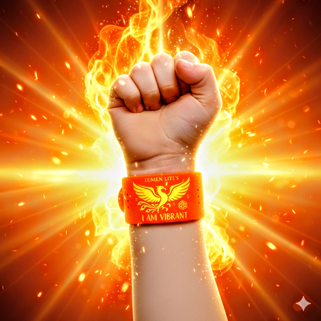 Child's power fist wearing red LUMEN Litl's I AM VIBRANT band with flames and phoenix sacred geometry background