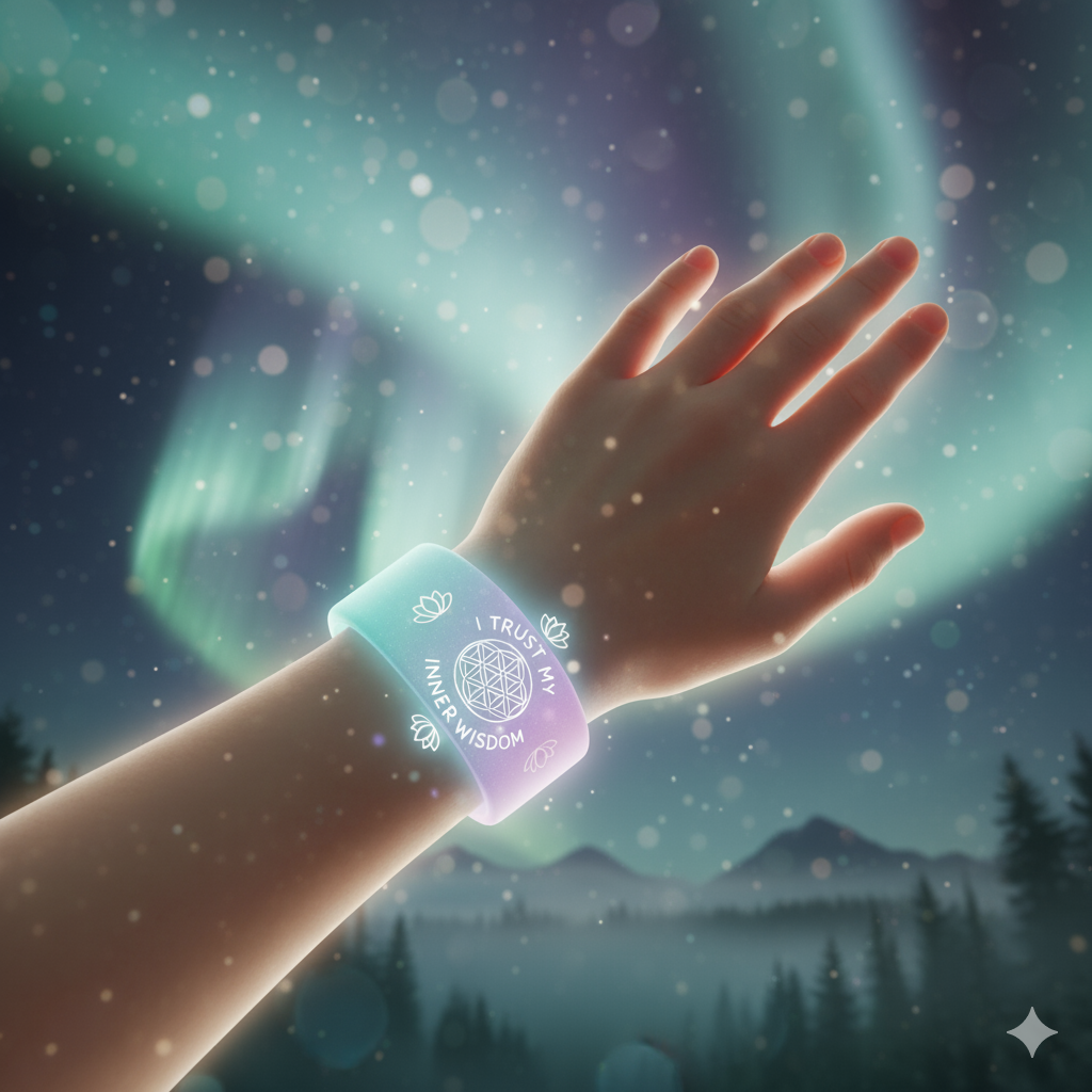Child wearing Mystic Magic band with aurora borealis background