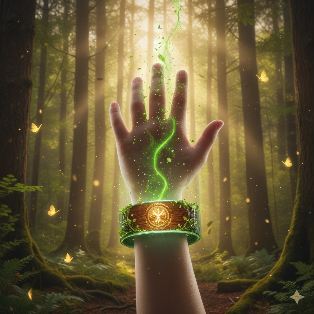 Child with Nature Guardian band as green energy vine grows through forest