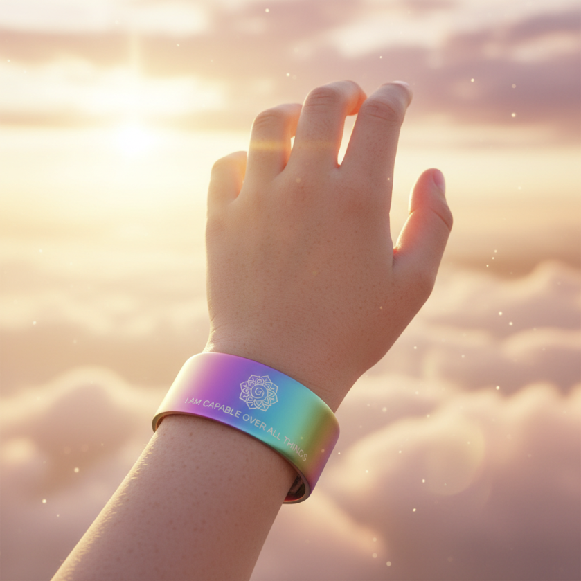 Child wearing Rainbow Soul band reaching toward rainbow clouds