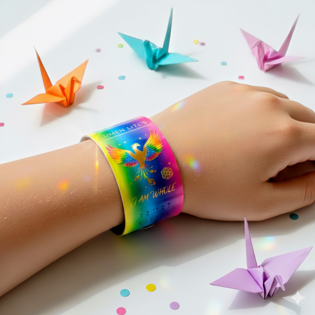 Child's hand wearing rainbow LUMEN Litl's I AM WHOLE band surrounded by colorful origami cranes representing wholeness and creativity