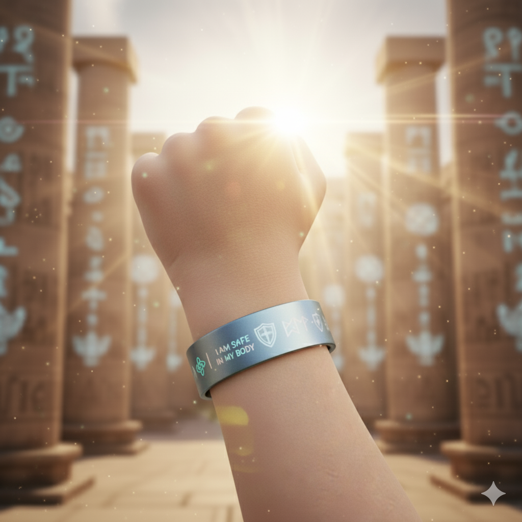 Child wearing Warrior Spirit band in ancient temple with divine light
