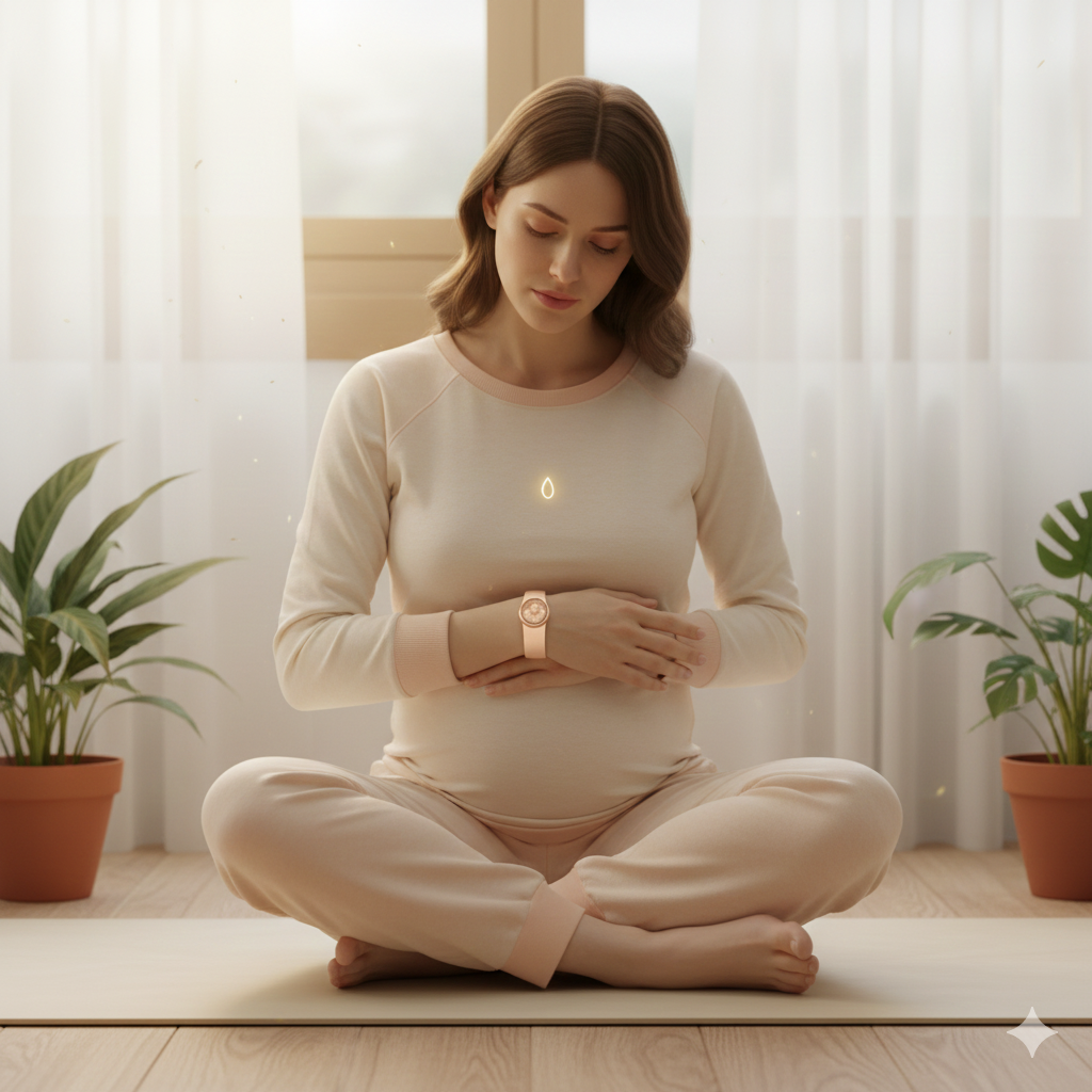 Pregnant woman in peaceful meditation wearing LUMEN Materna DEEPENING band with Seed of Life sacred geometry glowing on chest